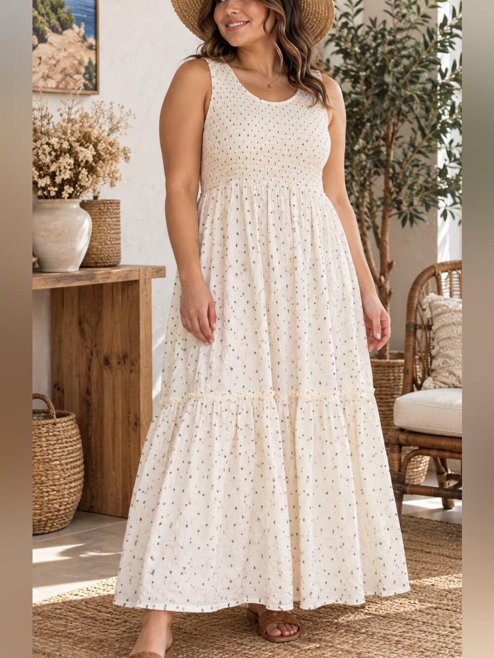 N.B.O.F XXL Polka Dot Sleeveless Smocked Tiered Boho Maxi Dress
